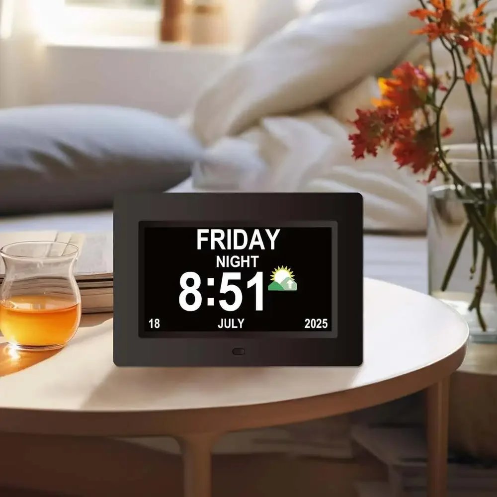 Digital Elderly Clock with Large Display 7 Inch Black Day Date Time Alarm For